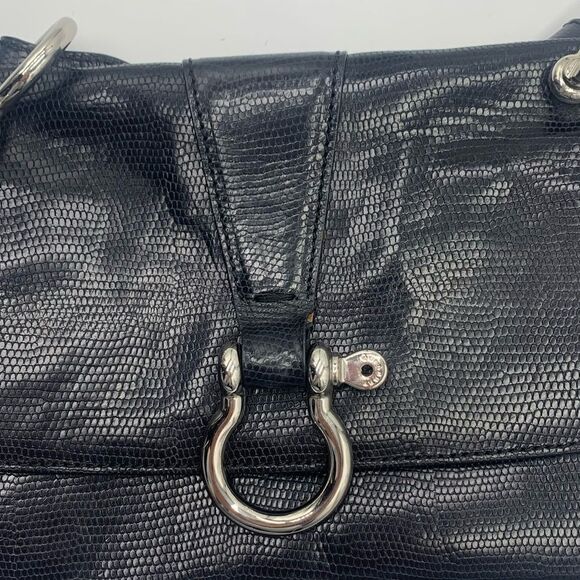Auth Burberry Embossed Reptile Print Black Leather Horsebit Baguette Purse - Picture 3 of 6
